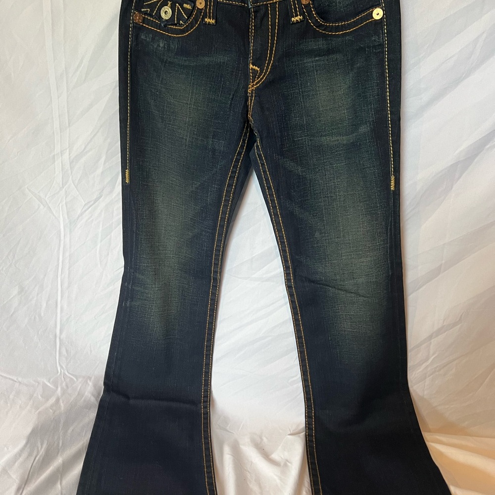 True Religion Flare Leg Jeans with Natural Fading and contrast stitching
